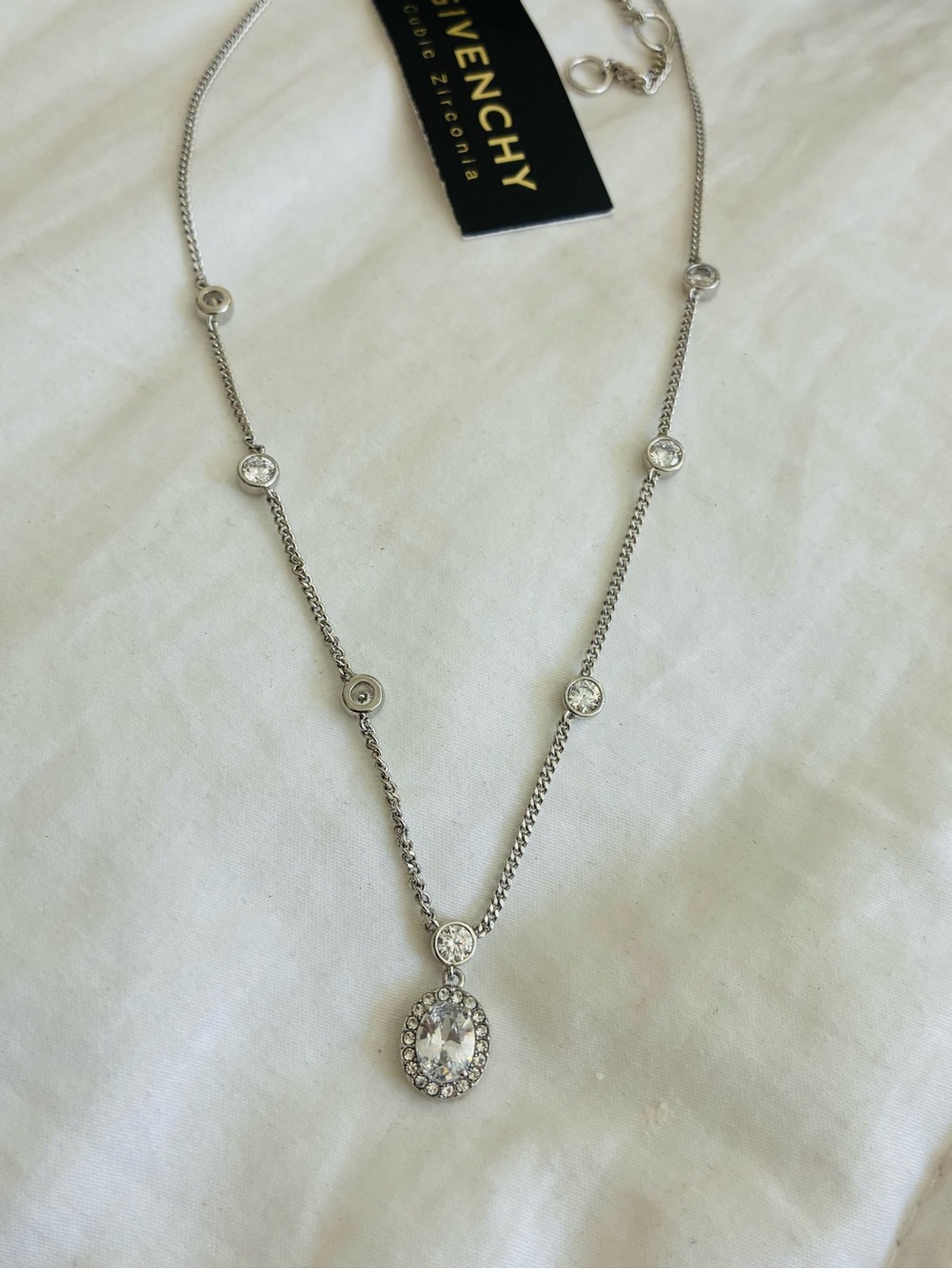 Givenchy Silver Crystal Oval Pendant Necklace